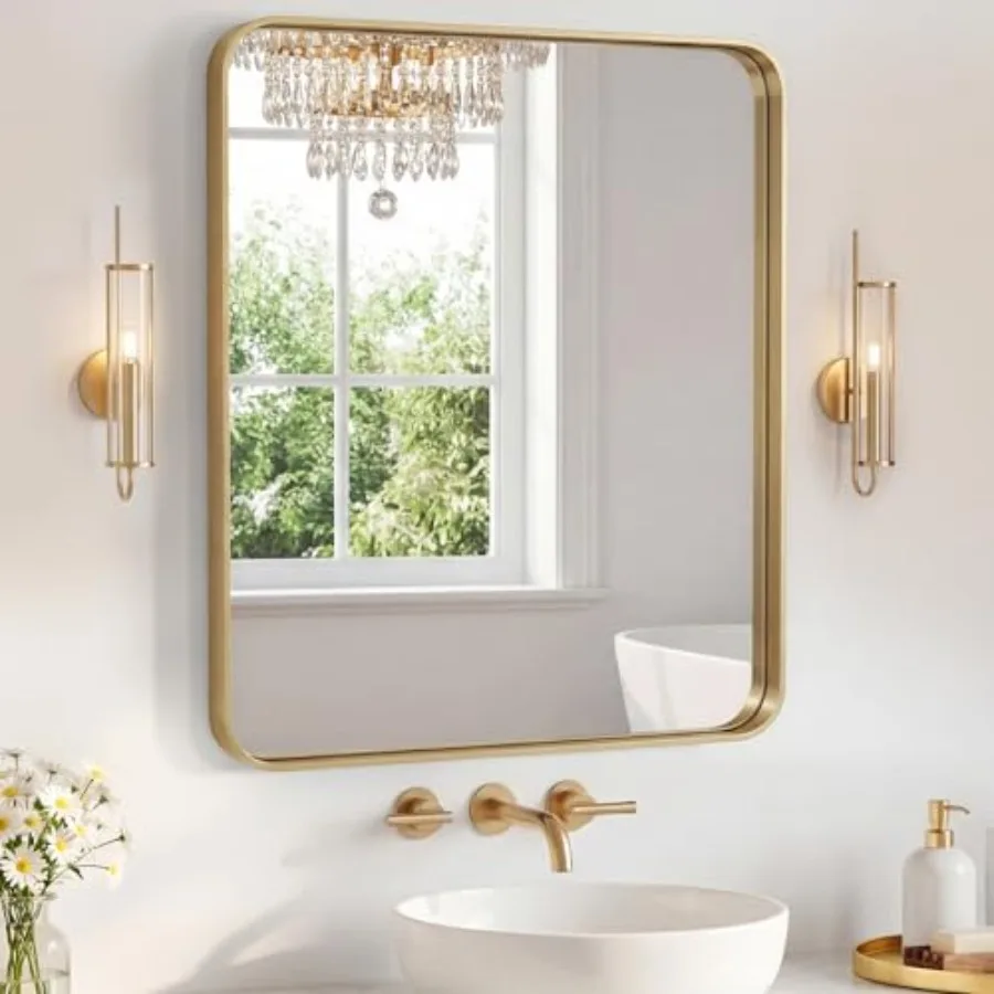 

28X32 Inch Bathroom Mirror for Over Sink, Wall Vanity Mirrors Tempered Glass, Anti-Rust Metal Framed Rounded Rectangle, Hangs H
