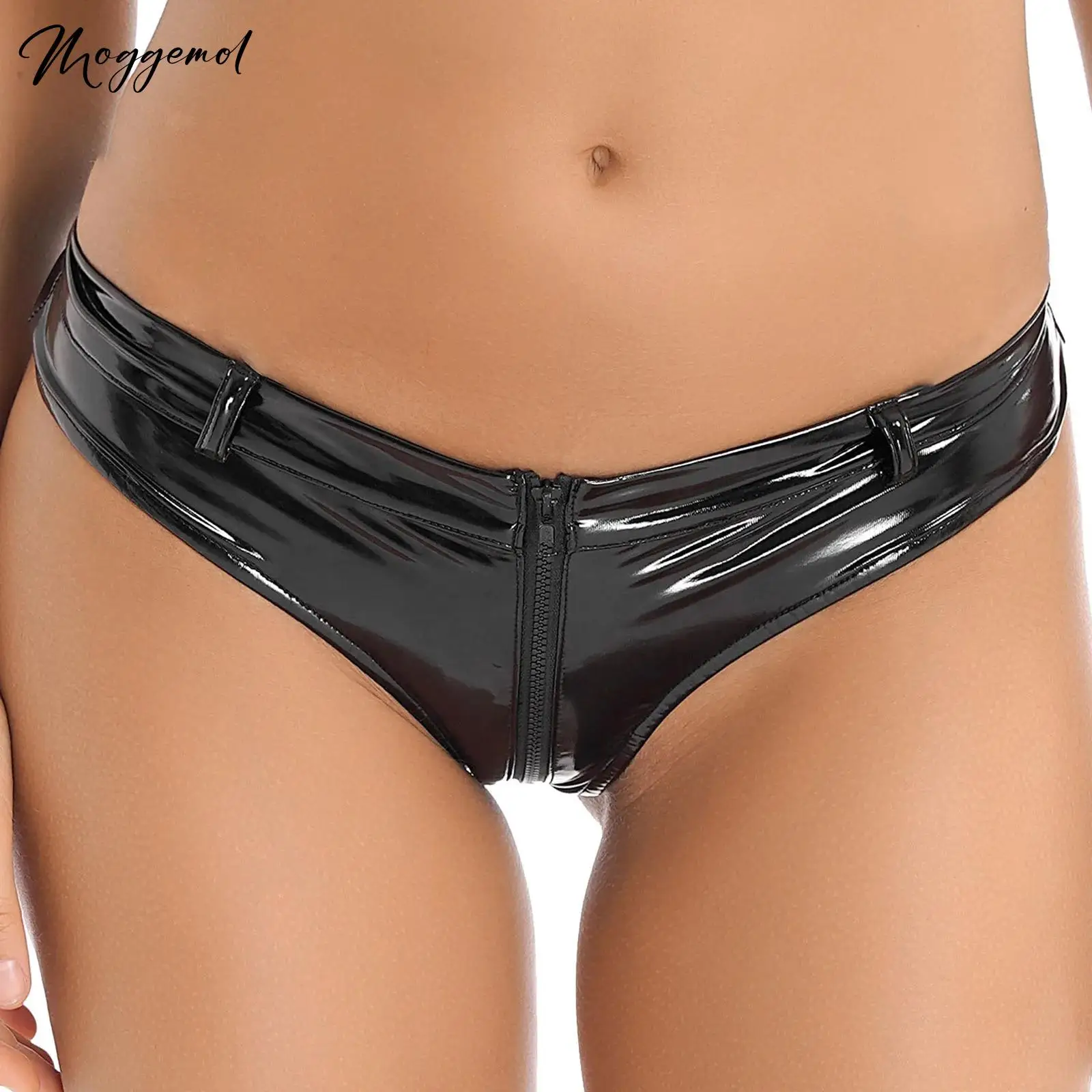 

Womens Latex Panties Zipper Crotch Booty Shorts Shiny Metallic Leather Briefs Sexy Low Rise Hot Pants for Clubwear Rave Dance