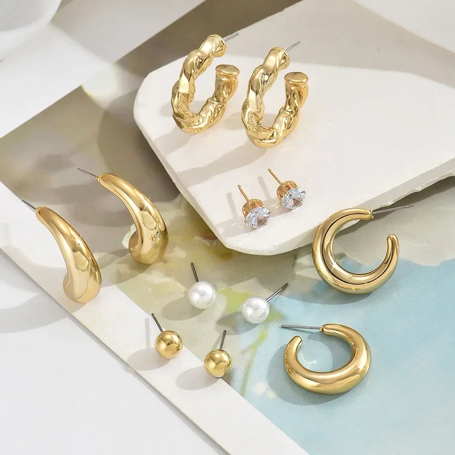 XINYI 6Pcs Classic Geometry Glossy Ccb Gold Plated Waterdrop C Shape Hoop Earrings Set for Women Teens Vintage Daily Jewelry