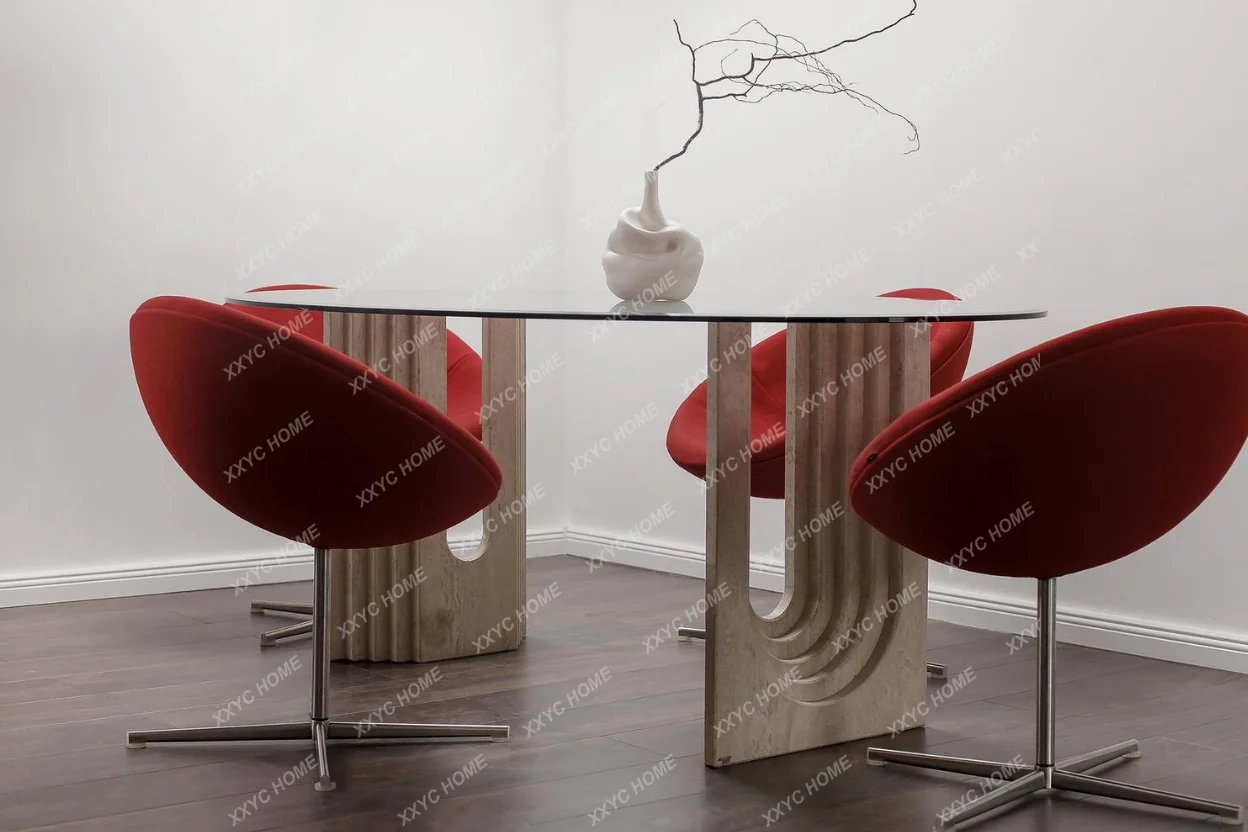 

Italian marble travertine medieval retro dining table glass small apartment household long dining table