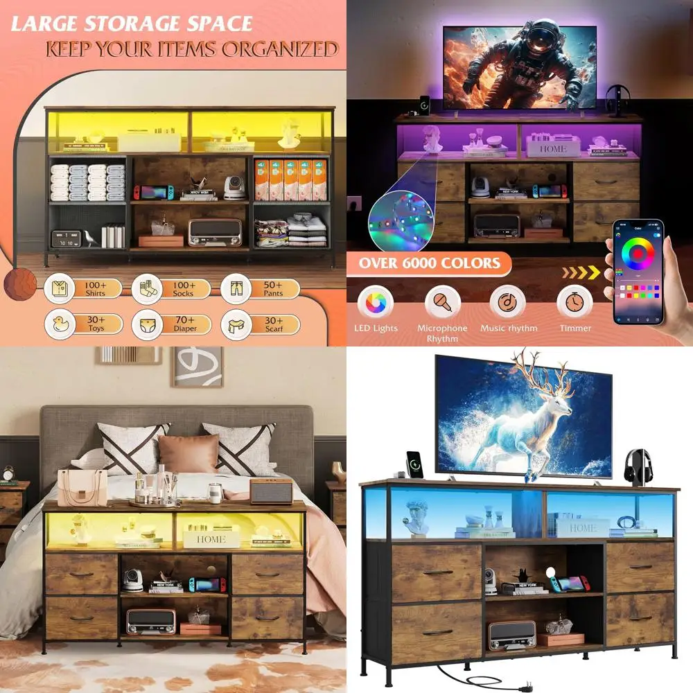 

Rustic Brown Entertainment Center for 50-60 Inch TVs with LED Lights and Fabric Drawers