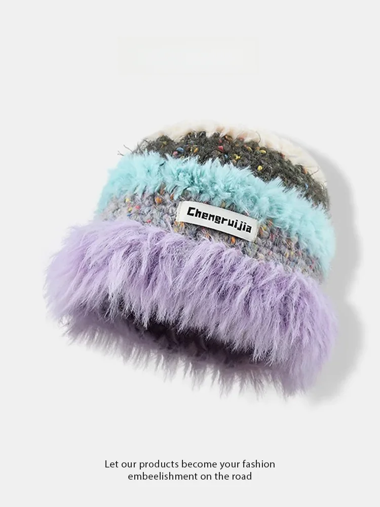 deniso-新しいカラーブロックニット帽子女性の豪華な秋冬暖かいウールストライプ耳保護漁師帽子甘いかわいいスタイル