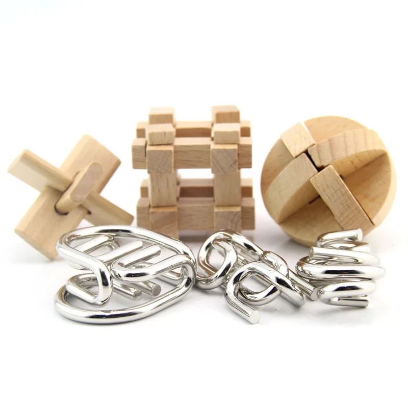 Wooden Puzzles mix 3D Metal Puzzles 6PCS/Set Combination Kong Ming Lock Wire Intelligence Buckle Interlocked IQ Collection Toys