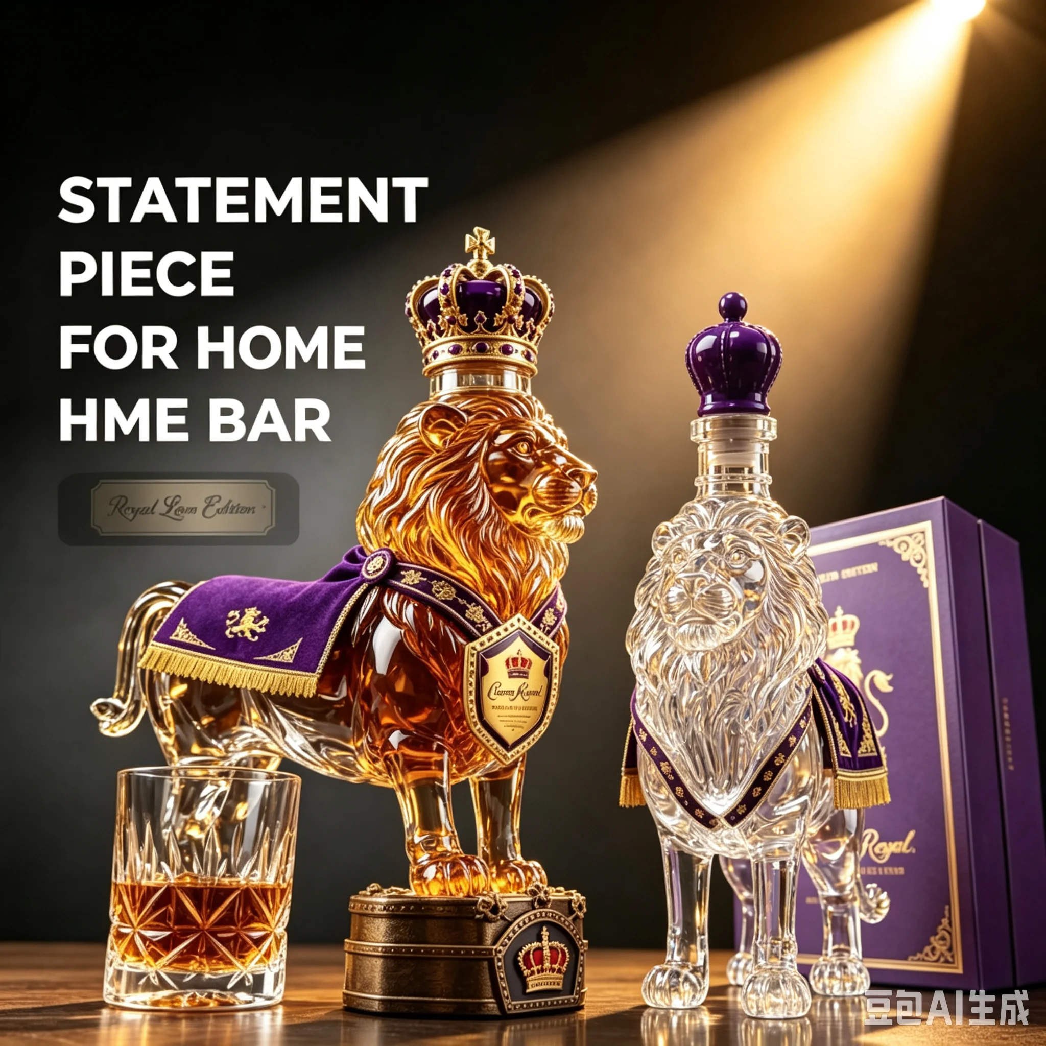 Hand-Blown Lion Glass Decanter Lead-Free for Whiskey Brandy Vodka Home Bar Decor Collectible Gift