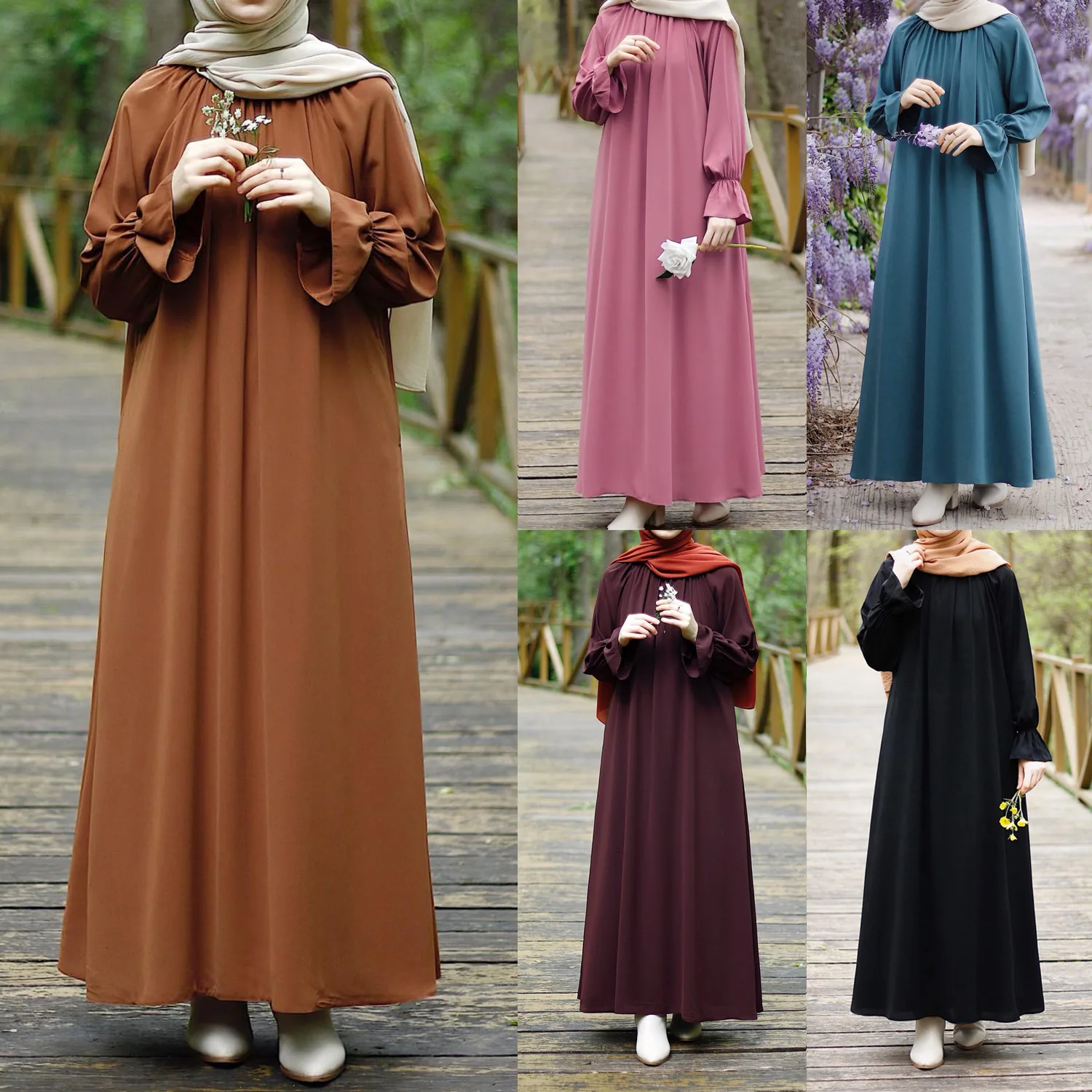 

Wholesale Oem Muslim Women's Middle East Women's Dresses Solid Color Flared Sleeve Pocket Long Sleeve Casual Long Dresses