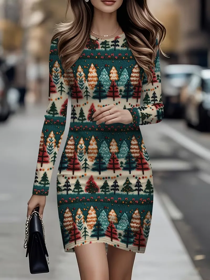 Sexy women's fashion dress, 3D Christmas element printed New Year's party dress, long sleeved round neck slim fit mini dress