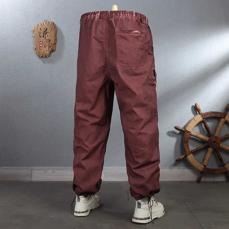 

Breathable red elastic waist loose straight leg wide leg casual pants for men, retro outdoor work pants