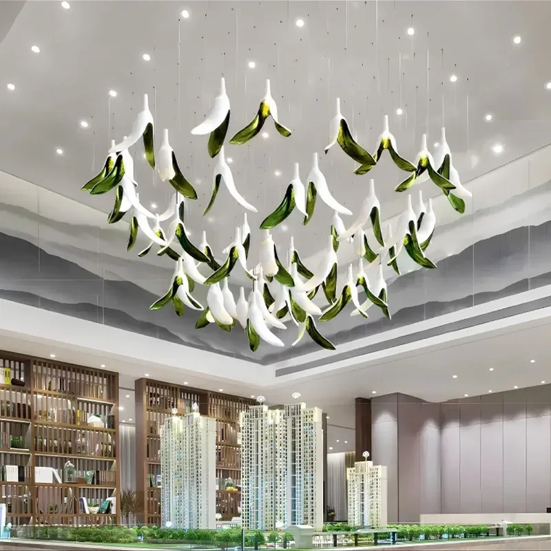 

2025 New French White Banana Peel Shade Lustre Chandelier, Dimmable Custom Hardware Pendant Lamp for Hotel, Light for Ceilings
