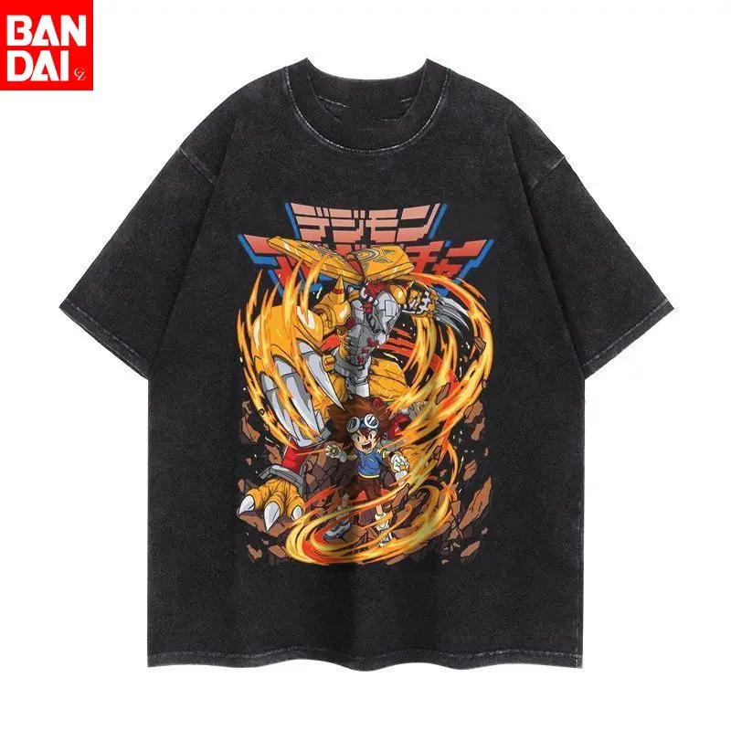 Digimon Adventure Taichi Kamiya & Wargreymon Fiery Burst Vintage Wash Print T-Shirt Herren 2026 Sommer Schwarz Übergroßes T-Shirt Anime