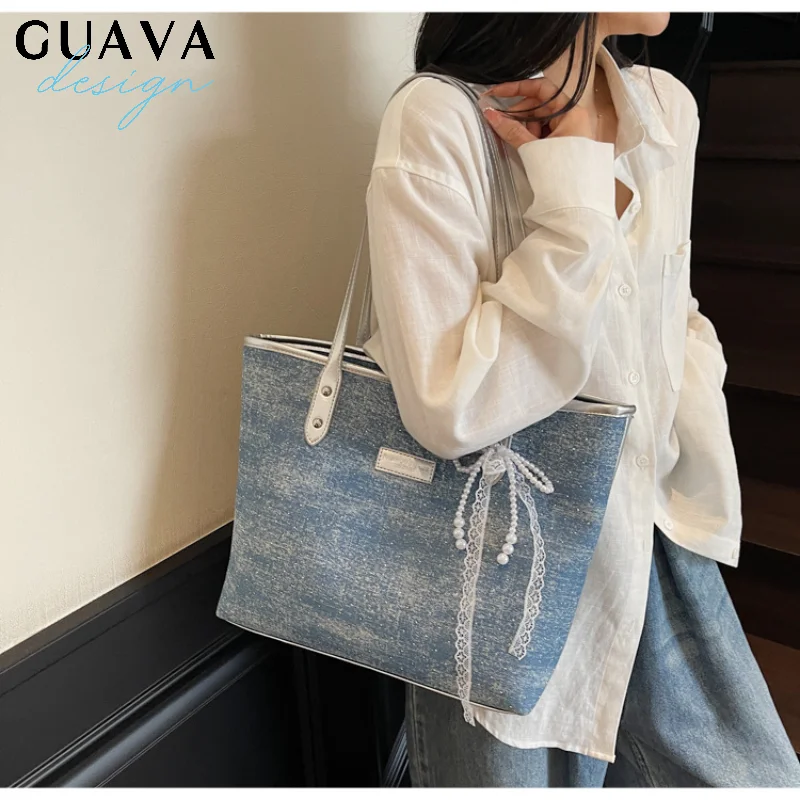 

Women's Large Capacity Denim Bag New Summer Versatile Shoulder Bag Lace Bow Tote Bag Fashionable Shiny Casual Bag