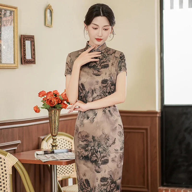 

Yourqipao Summer Cheongsam Satin Retro Printing Self-cultivation Fashion Banquet Qipao Chinese Style Evening Dress for Women