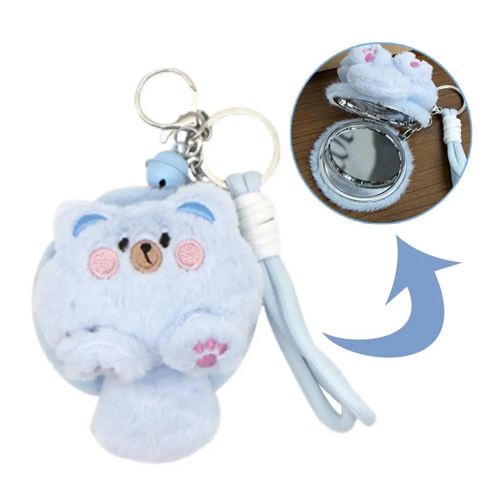 Espelho de maquiagem de pelúcia dos desenhos animados kawaii macio gato boneca pingente chaveiro portátil dobrável espelho menina mochila presente