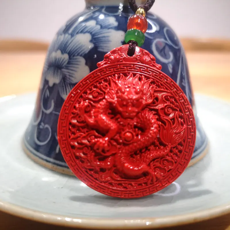 Chinese Loong Round Red Cinnabar Pendant Oriental Fengshui Fortune Hanging Cord Bonanza Lucky Charms Zodiac Dragon Long Amulet