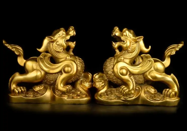 large # A PAIR store home efficacious Talisman Money Drawing Martial god of wealth PI XIU dragon BRASS statue