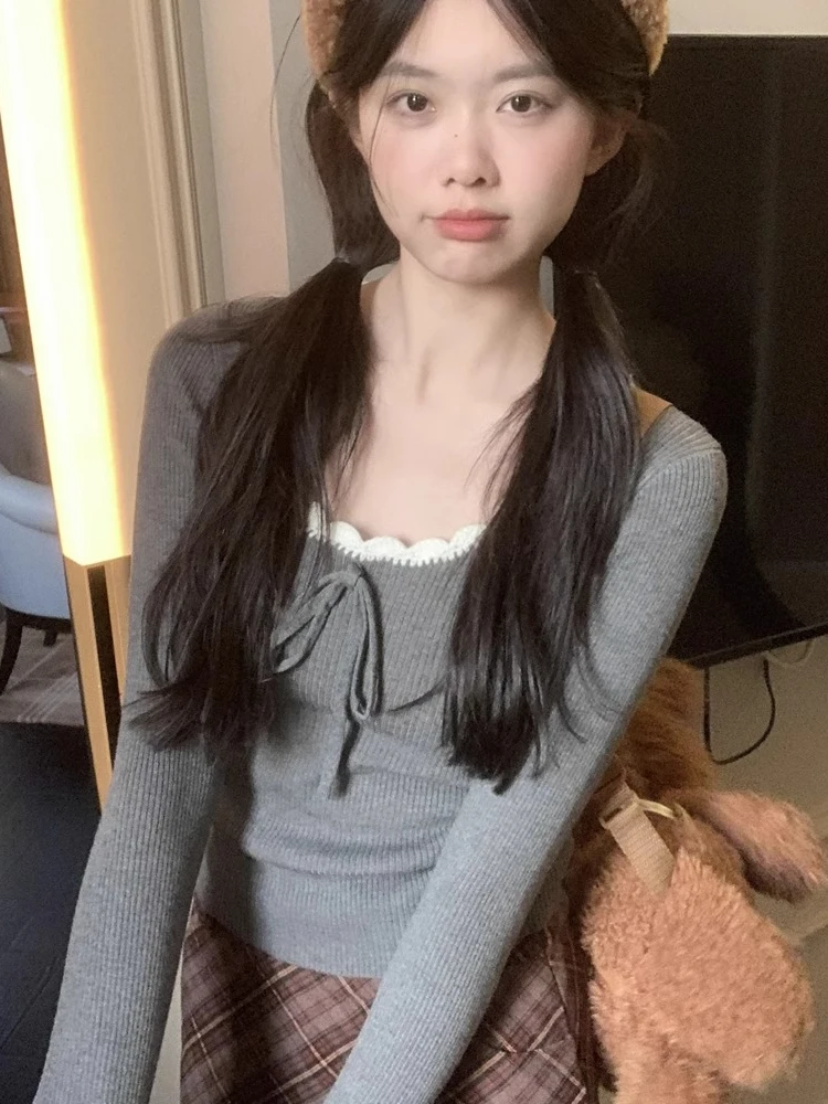 

Sweet Pure Desire Кружевная отделка с завязками Вязаный топ Женский внутренний зимний свитер с уникальным дизайном Base irt Женский облегающий длинный све