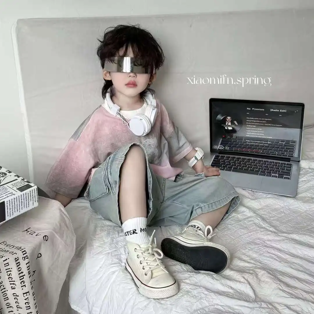 

Boys Summer Outfit Fashion New Children Dyed T-shirt plus Retro Workwear Shorts 2-Piece Set