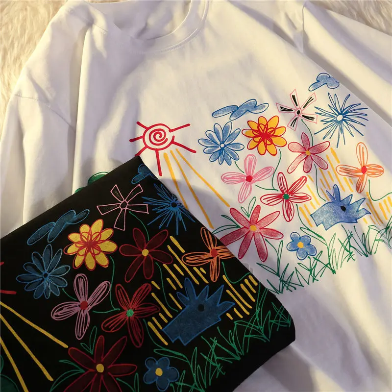 Camiseta de gran tamaño para mujer, ropa de calle con estampado de flores hermosas, Tops casuales de manga corta, camiseta negra para mujer, ropa Punk Y2k