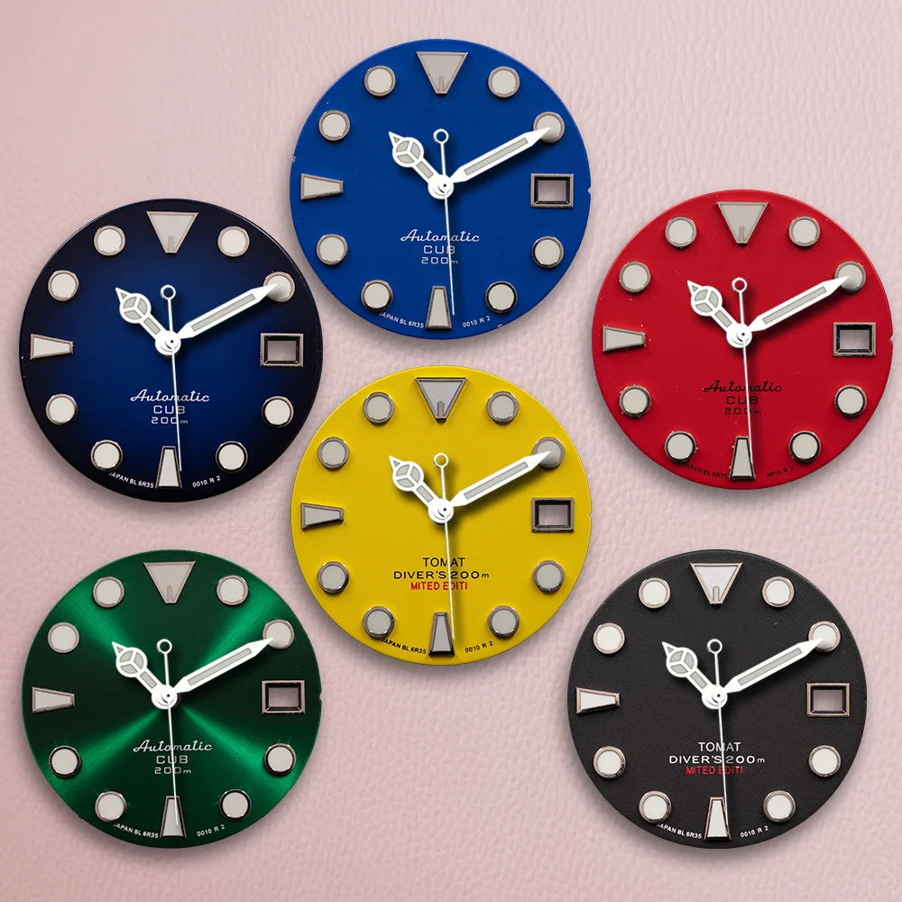 

S логотип 28,5 мм новый морской дайверский циферблат без стрелок, подходит для механизма NH35A C3, зеленые светящиеся аксессуары для модификации часов