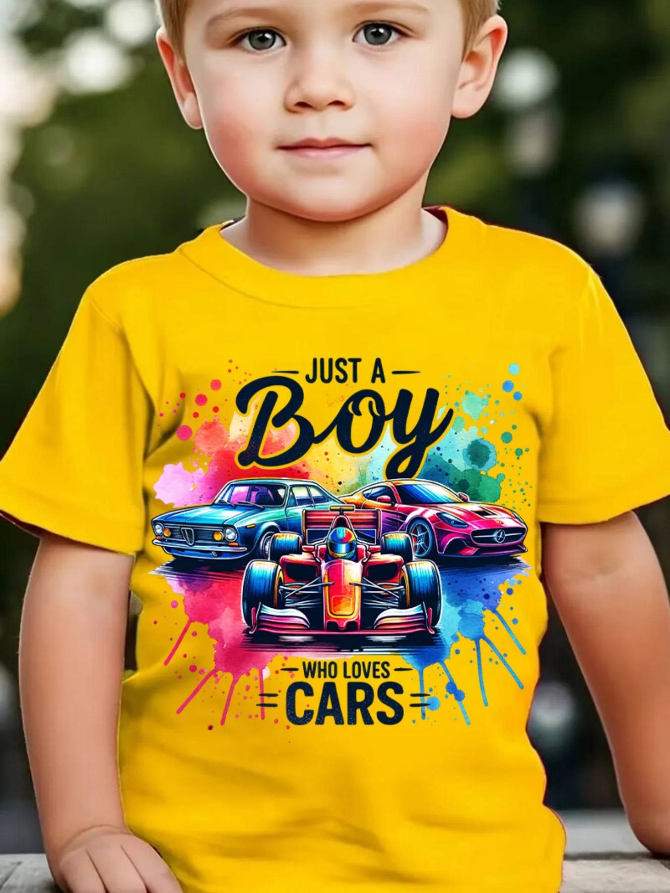 Summer Children's Fashionable Short Sleeved JUST A BOY WHO LOVES CARS Three Color Car Element Printed Casual Parent-child Top