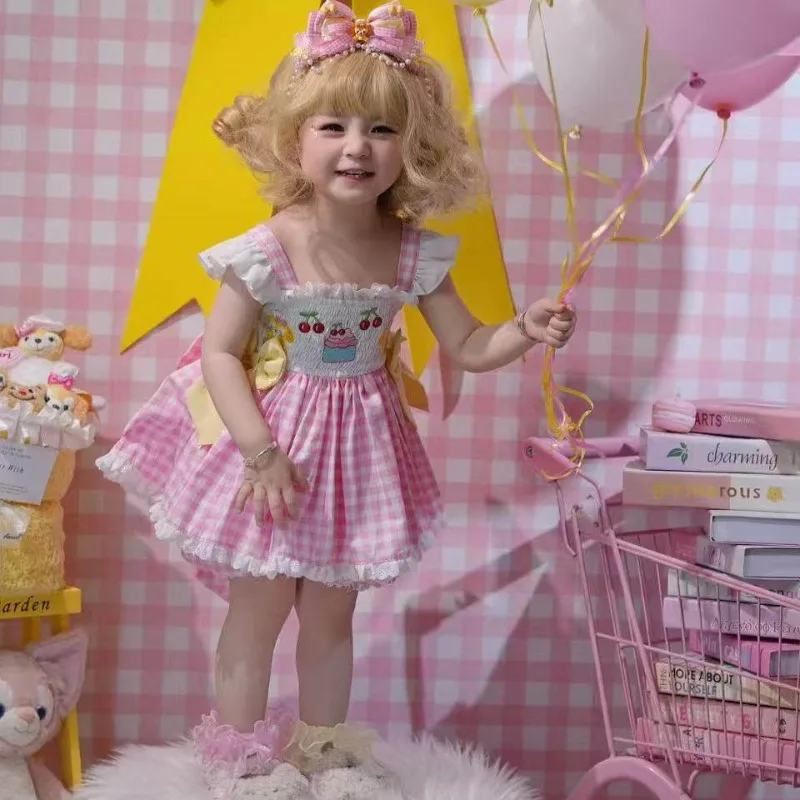 Ins Handmade New Pink Suit Baby Girl Children's Roller Top Plaid Children's Princess Dress Flower Girls Sweet Boutique Dress Set