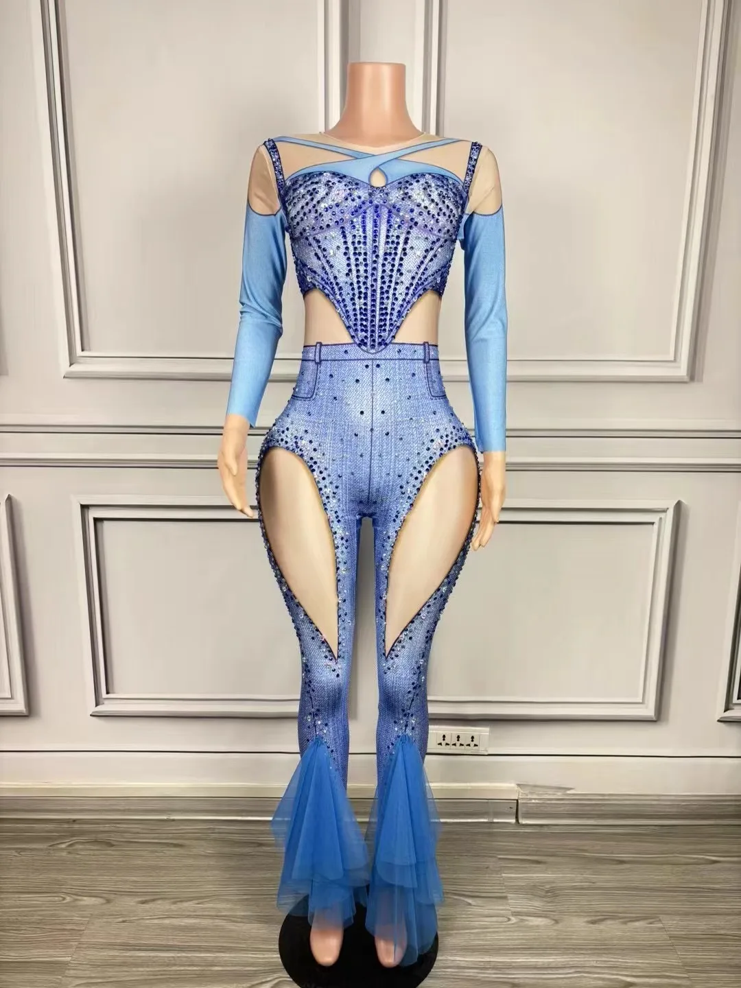 

Gogo Dance Wear Nightclub Bar Costume Blue Long Sleeve Jumpsuit Women Festival Outfit Club Glitter Costume Pink Bodysuit VDL600