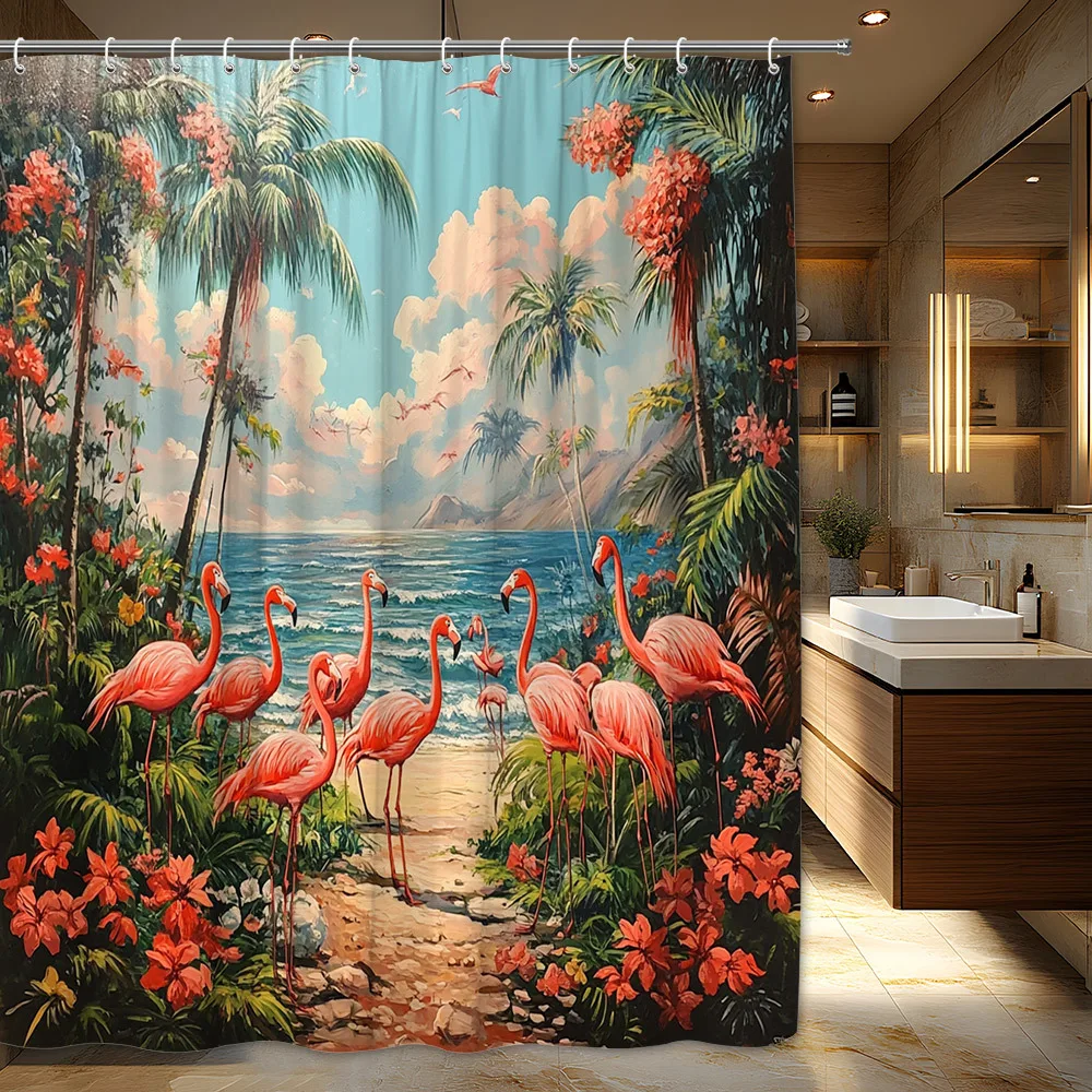 

1 шт. Занавеска для душа с тропическим пляжным фламинго — яркие розовые фламинго, дизайн пышных пальмовых и песчаных дорожек, полиэфирная ткань,