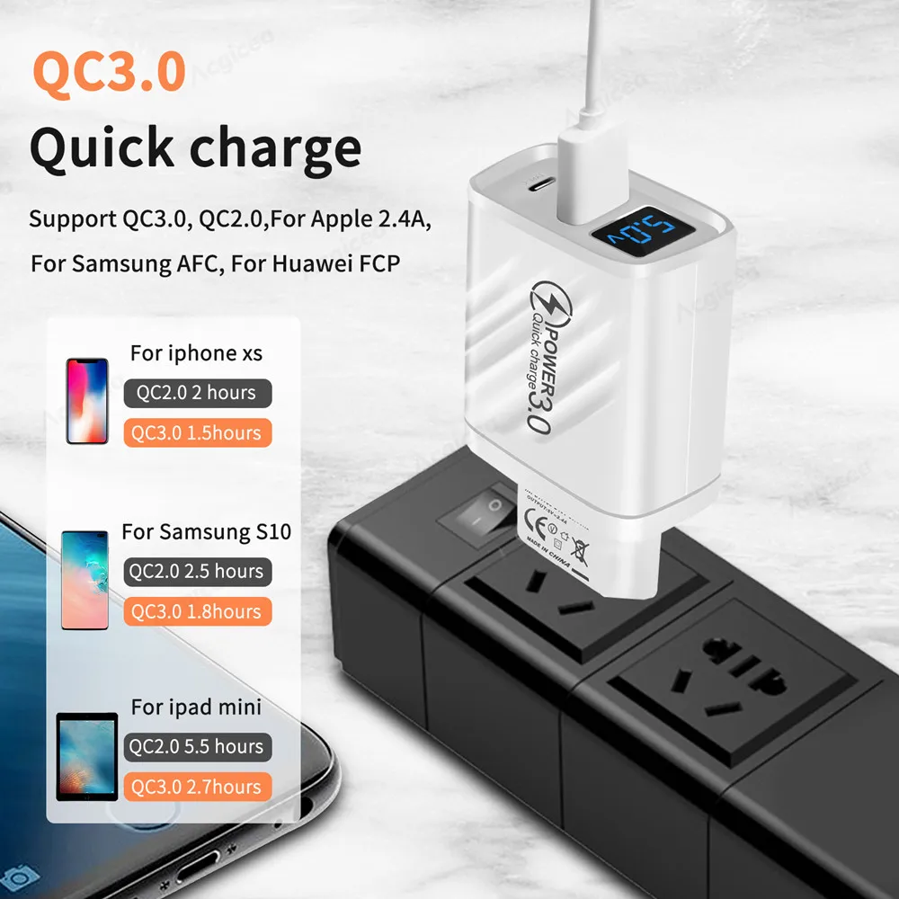 PD USB Charger 20W Fast Charge Adapter with Digital Display For Iphone Samsung Xiaomi Huawei Cell Phone Chargers Quick Charge3.0