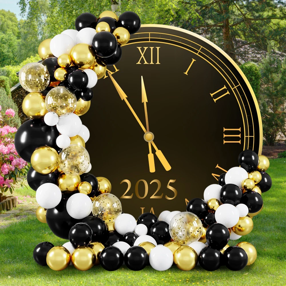 2025 Happy New Year Round Backdrop Cover Black Gold Clock Family Party Celebrate Decor Photography Background Banner Photo Props