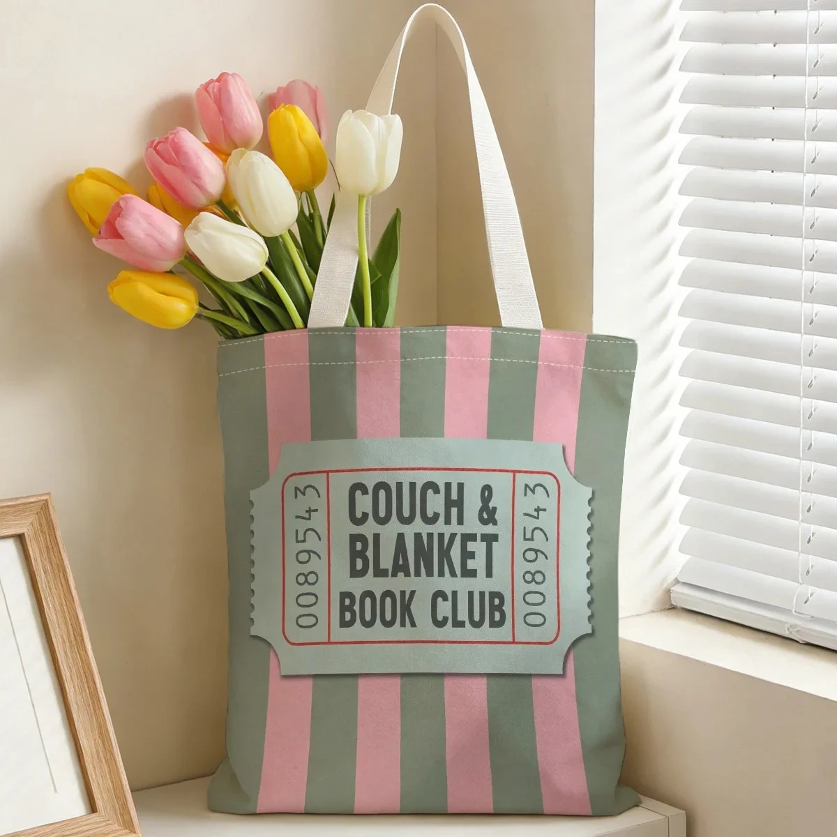 Couch & Blanket Book Club Print Canvas Tote Shopping Bag Retro Ticket Graphic Reusable Shoulder Handbag For Book Lovers