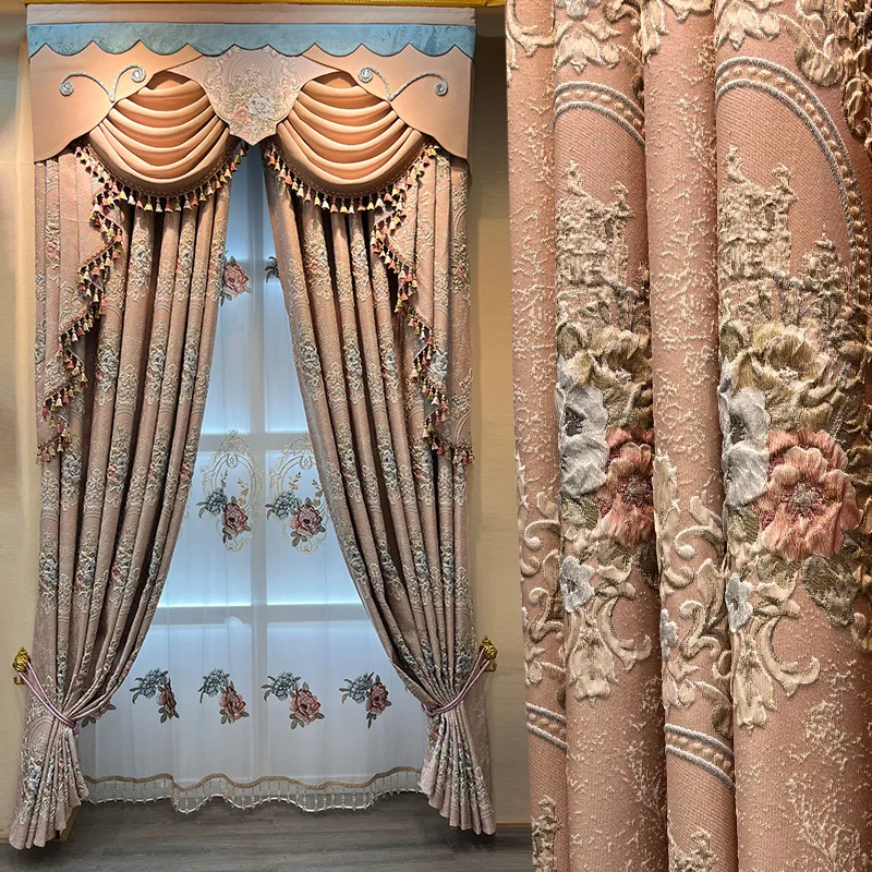 Custom American retro living room pink relief thick European high-grade cloth blackout curtain tulle valance drape C1645