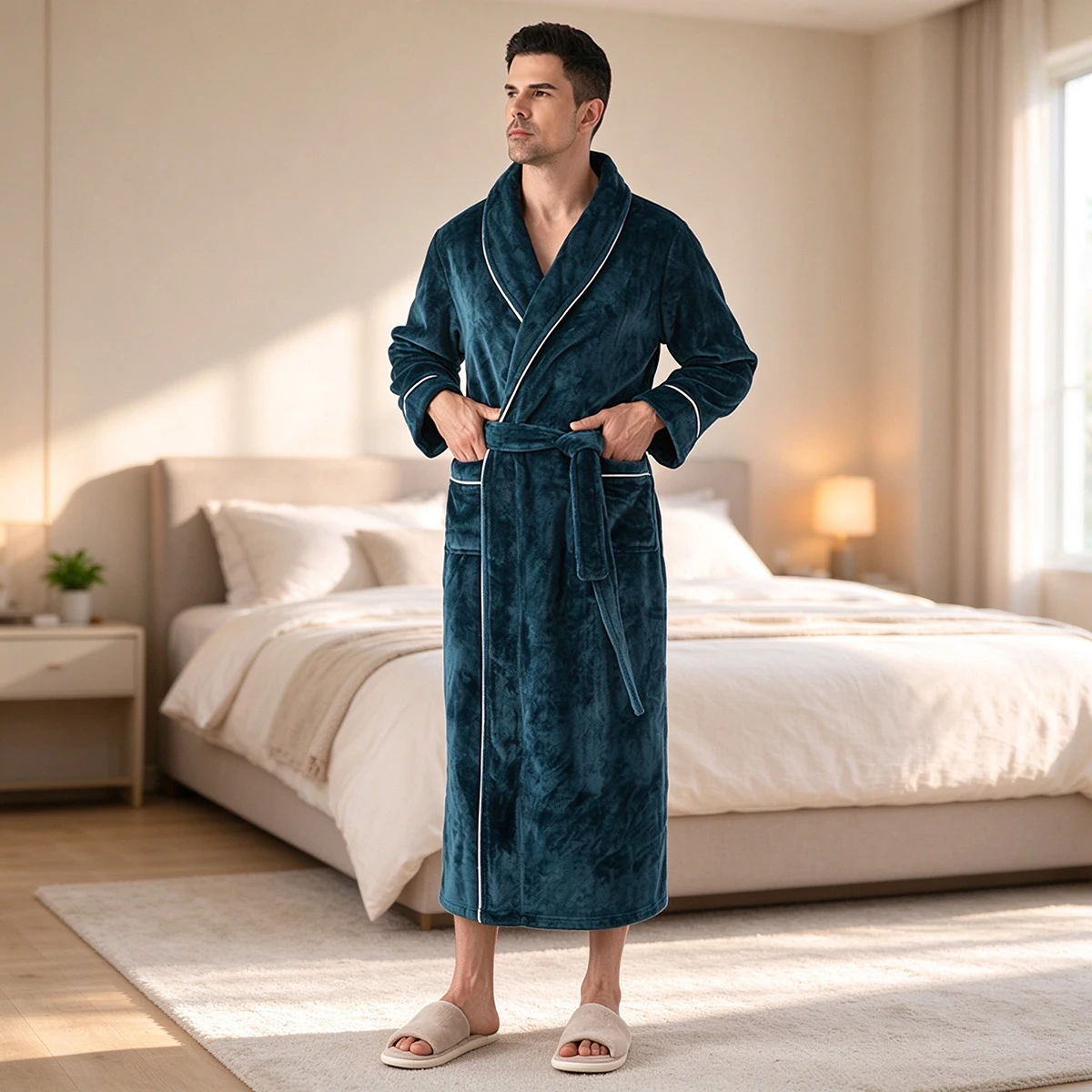 Paar-Bademantel für Damen und Herren, Flanell-Fleece-Morgenmantel, dicker, warmer Plüschmantel mit Schalkragen und Gürtel, Winter-Schlafanzug, Loungewear – Detail 11