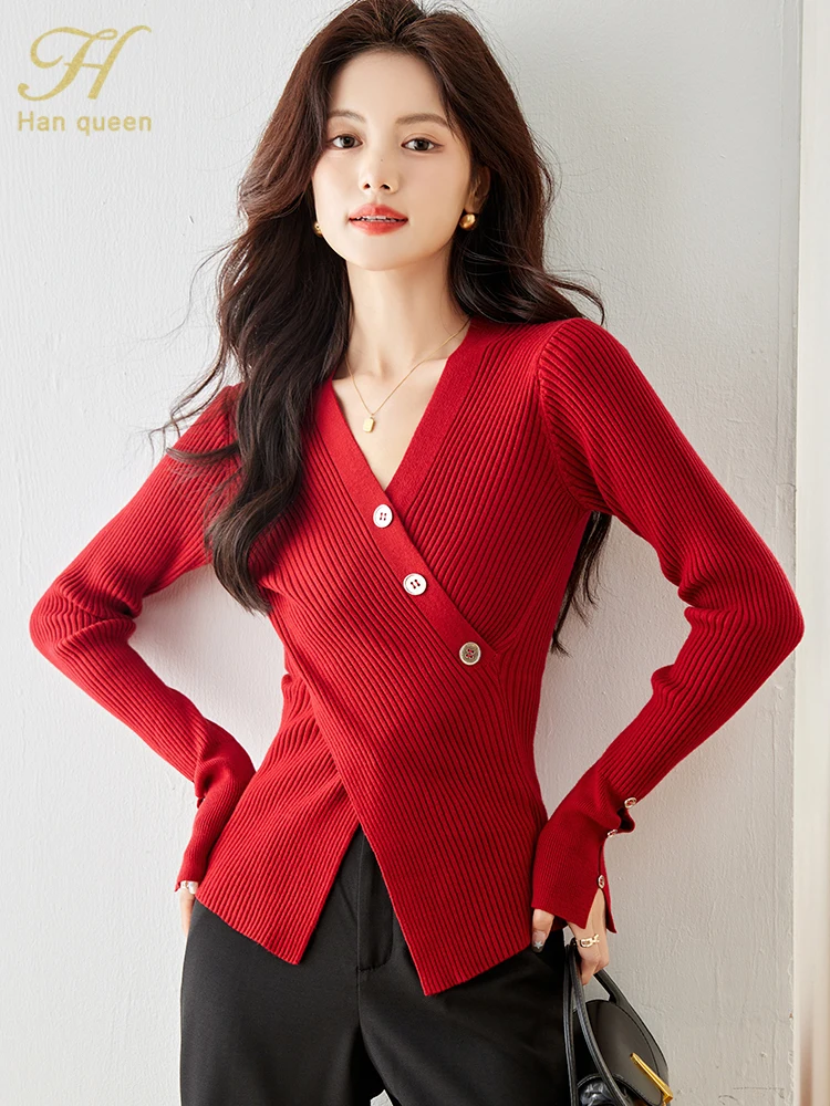 H Han Queen Autumn Winner Fashion Vintage Red Pullover Sweater Womens Vintage Casual Tops Women Basic Knitted Pullovers