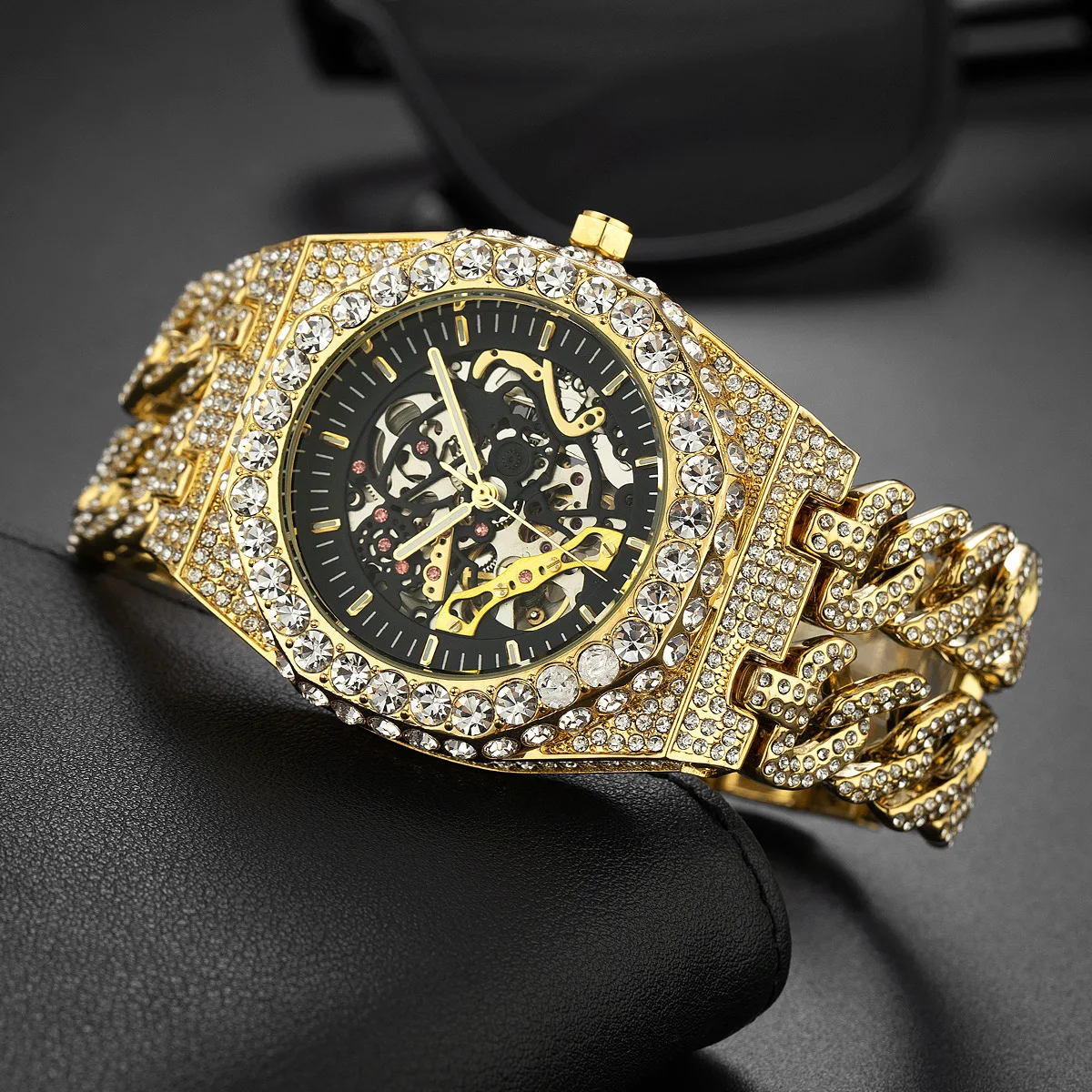 Популярные мужские часы с бриллиантами в стиле хип-хоп, кубинская цепочка, полые автоматические механические часы для мужчин