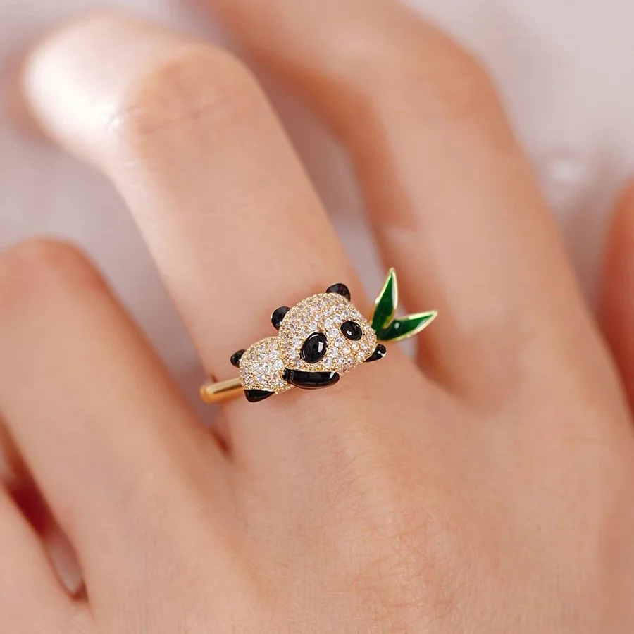 

Super Cute Little Panda Bamboo Open Ring For Women Color Dripping Oil Process Zirconia Fashion Jewelry