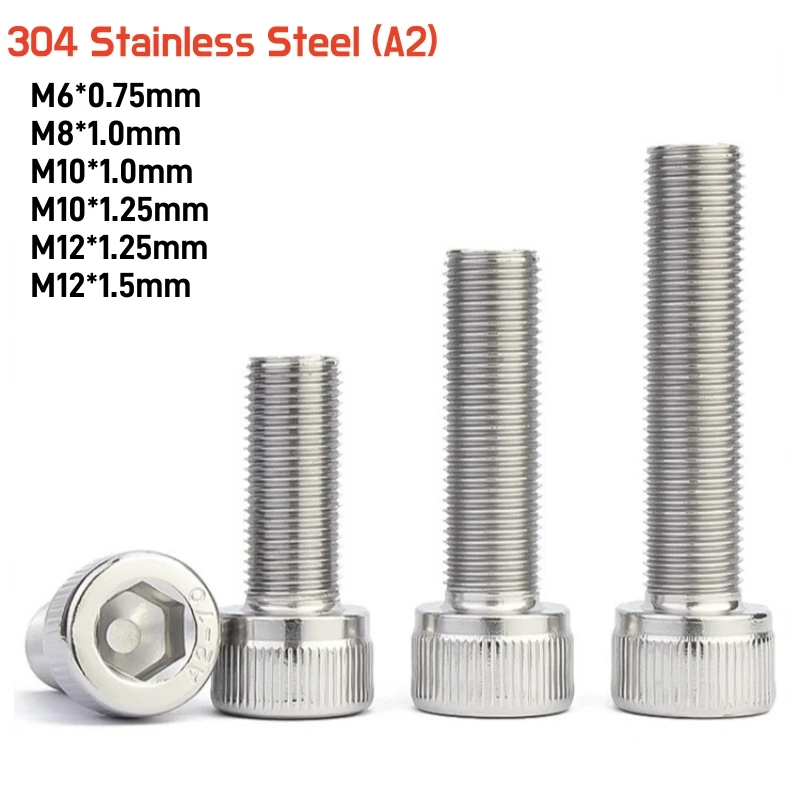 

1~10pcs M6 M8 M10M12 Fine Thread Hex Hexagon Socket Head Cap Screws 304 A2 Stainless Steel Allen Bolts Pitch 0.75/1.0/1.25/1.5mm