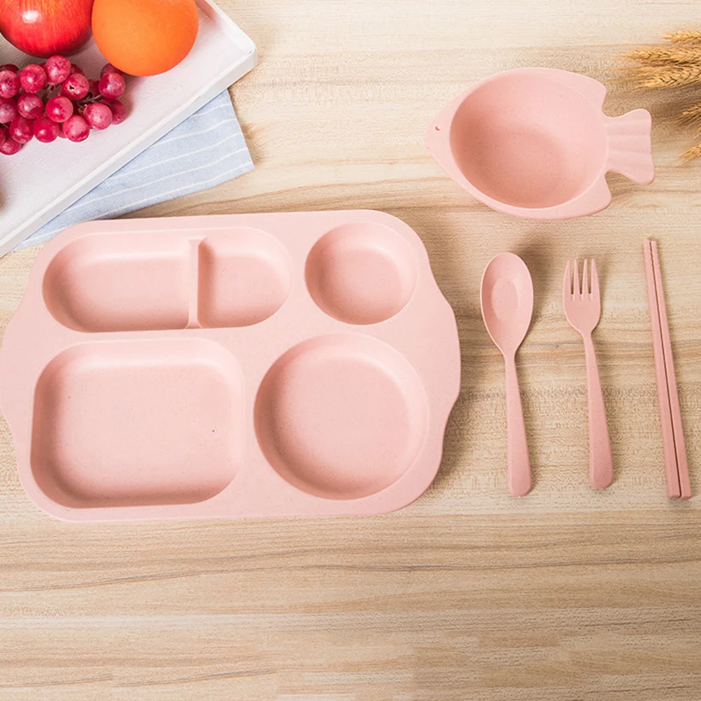 

5 Pcs/Set Children's Cutlery Tableware for Dining Tray Wheat Straw Kids Plates Dinner