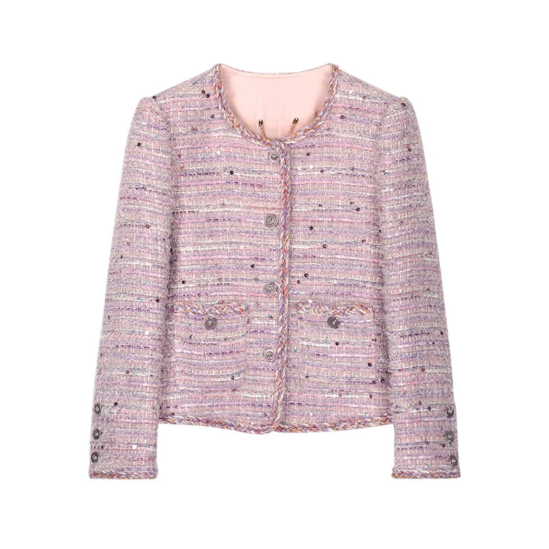 

French Light Purple Stripes High Quality Tweed Short Coat Women O Neck Sweet Sequins Long Sleeve Small Fragrance Female Coat