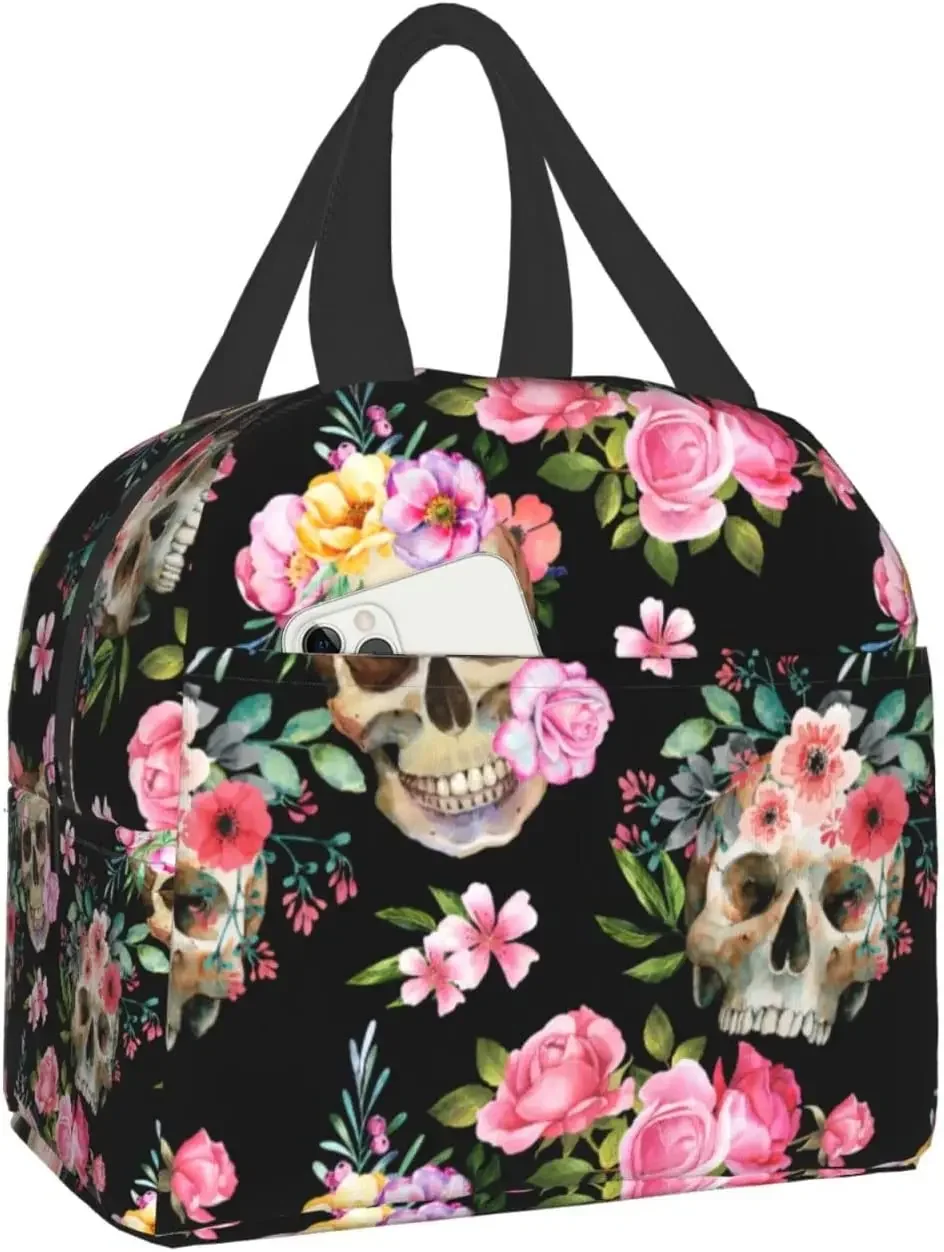 Skull Lunch Bag Halloween Horror Skeleton Flowers Lunch Box Insulated Lunch Box Tote Bags for Office Work School Picnic Beach