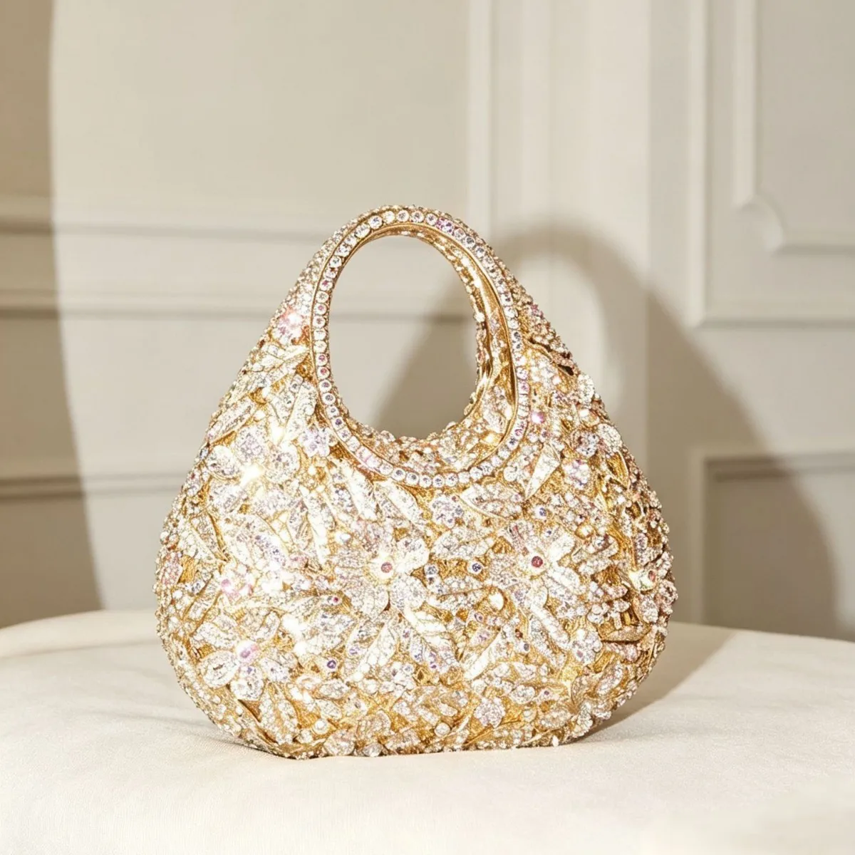 Gilt full diamond handbag hollow engraved exquisite shining arc handle elegant chic extravagant wedding dinner bag