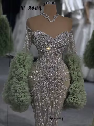 Sage Green Sheer Neck Prom Dresses Long Mermaid Evening Dress Ruffles Bell Sleeve Wedding Party Gowns Customized Celebrity Dress