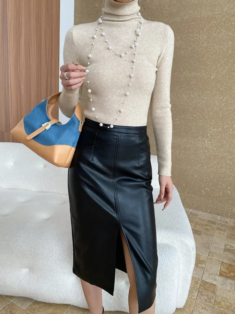 French Style Modern Fashion Front Split PU Leather Skirts Women High Waist Elegant All-match Casual Jupe Autumn Iwnter Faldas