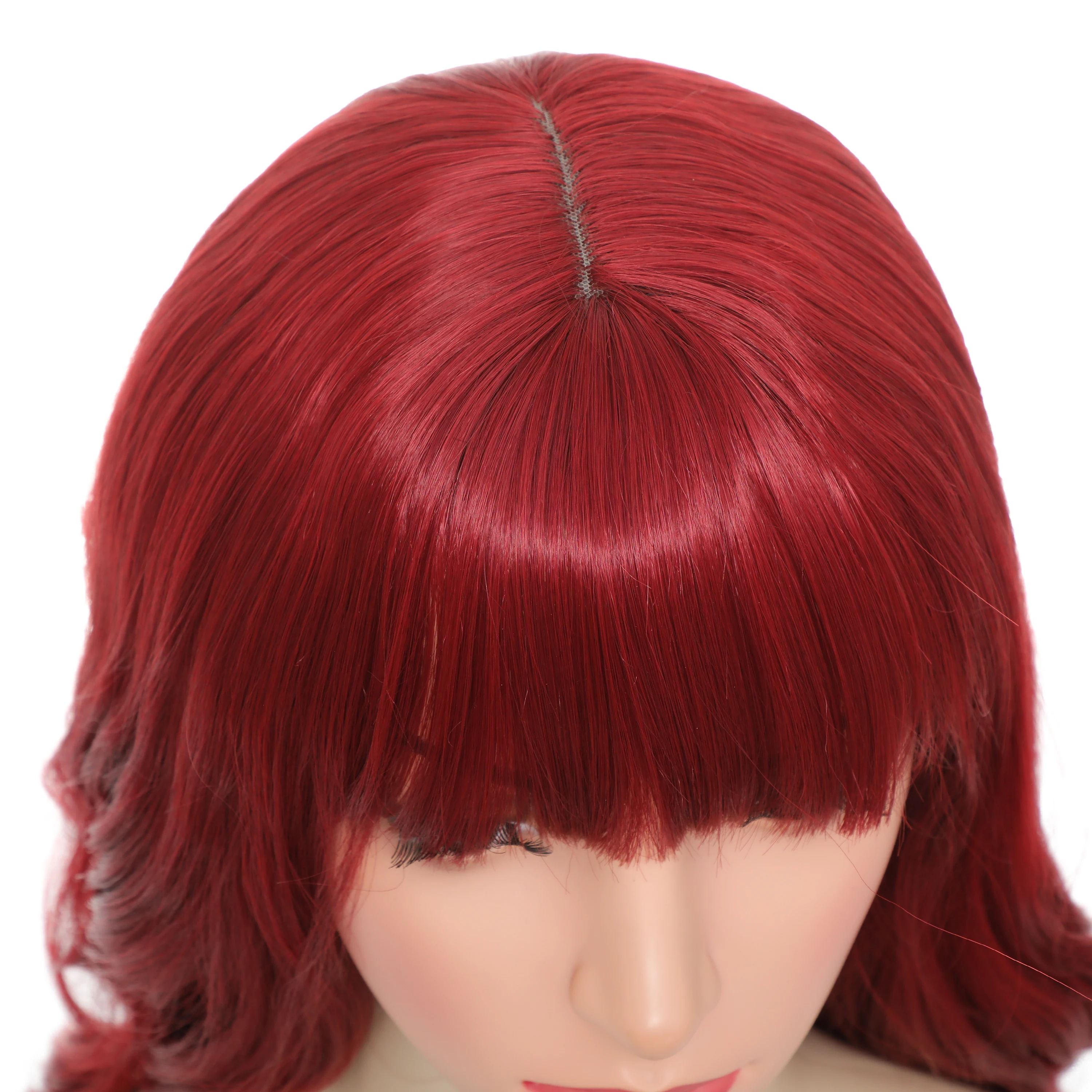 Aigemei Long Synthetic Body Wavy Wigs With Bang 28Inches Water Wave Curly Hair Style For Woman Red Color High Temperature Fiber