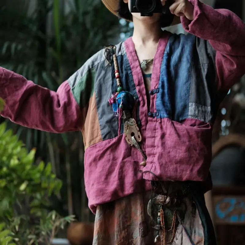 

Осень-зима, новый художественный стиль, женские свободные короткие пальто с v-образным вырезом, винтажные лоскутные дизайнерские утепленные хлопковые льняные куртки, высокое качество