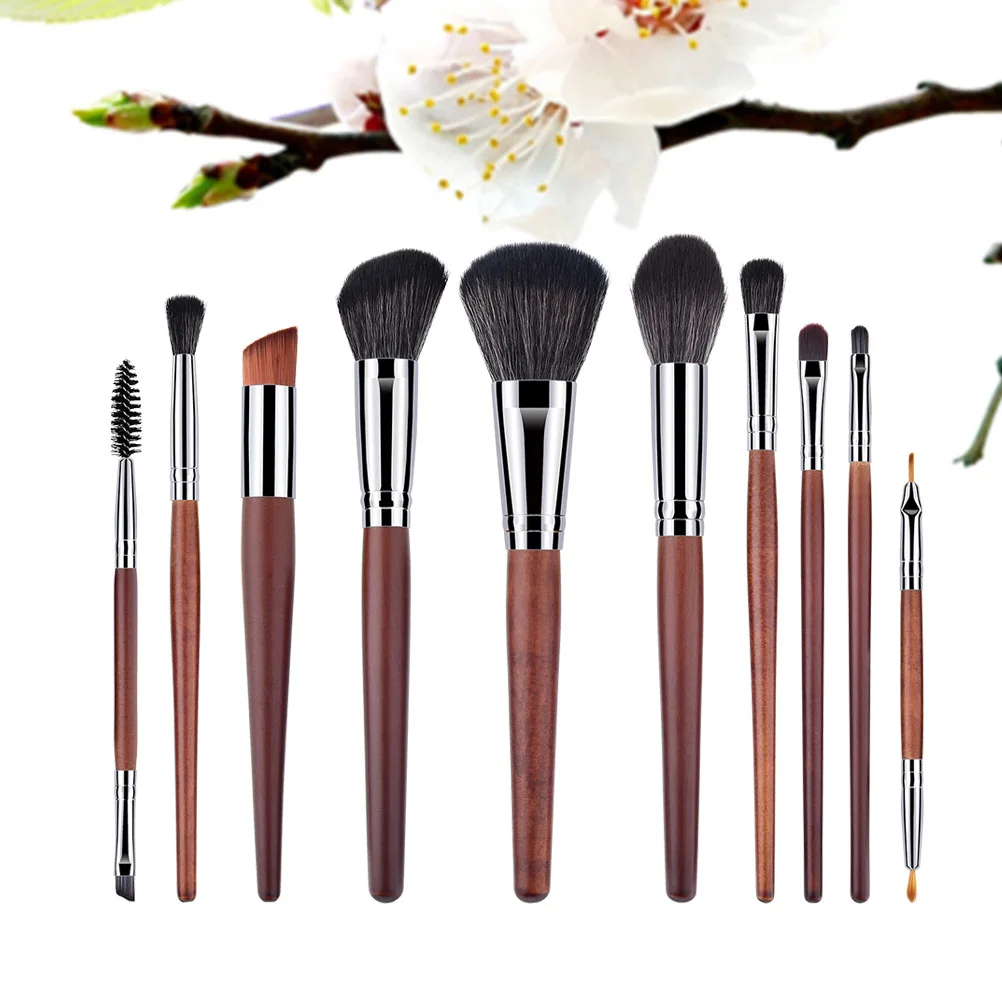

10Pcs Premium Cosmetics Brush Set Ultra-Soft Nylon Bristles Wooden Handle Makeup Brushes for Women Ladies -072