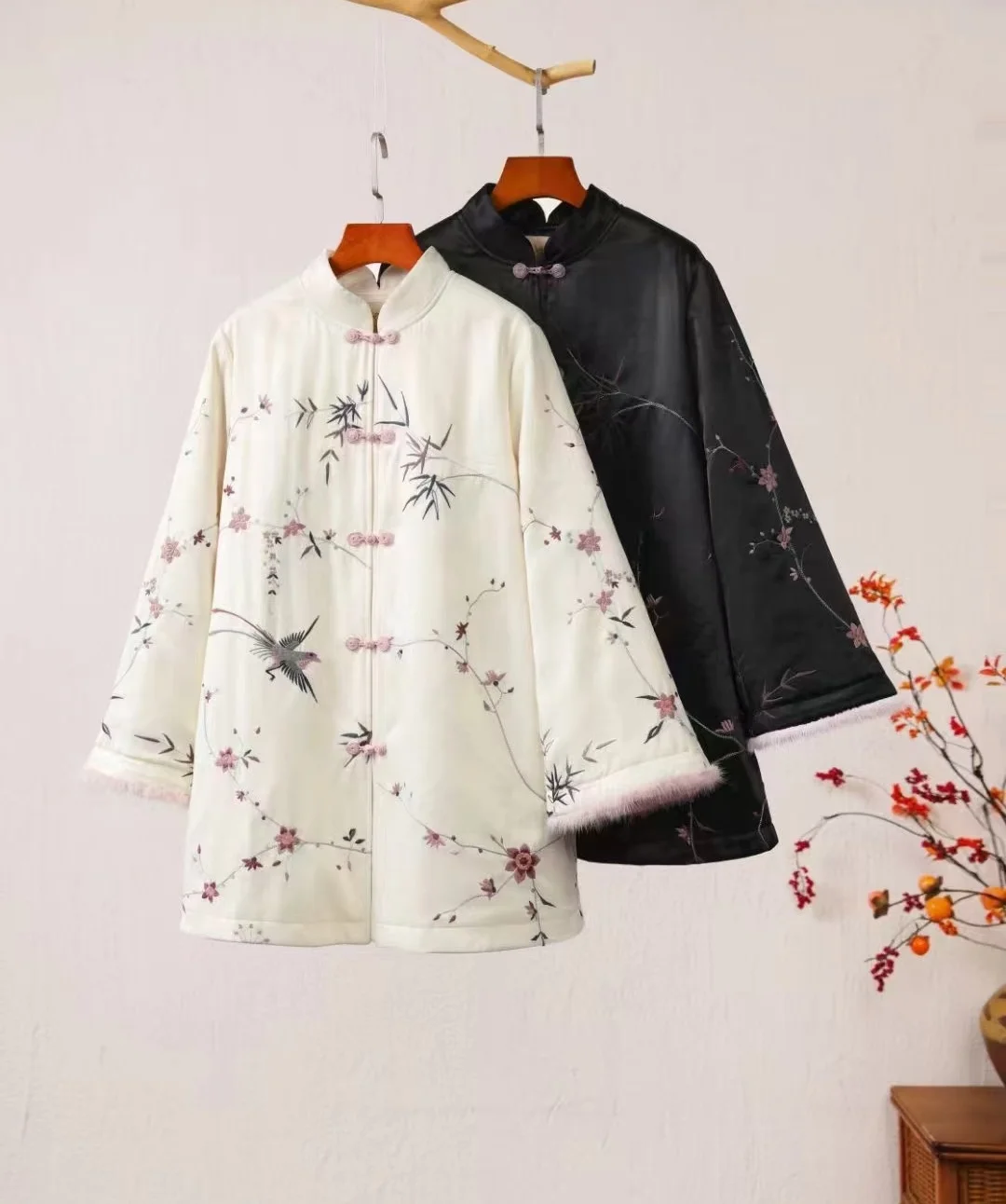 Chinese style women's clothing Artificial silk embroidery Long padding coats Vintage stand collar winter jackets high quality