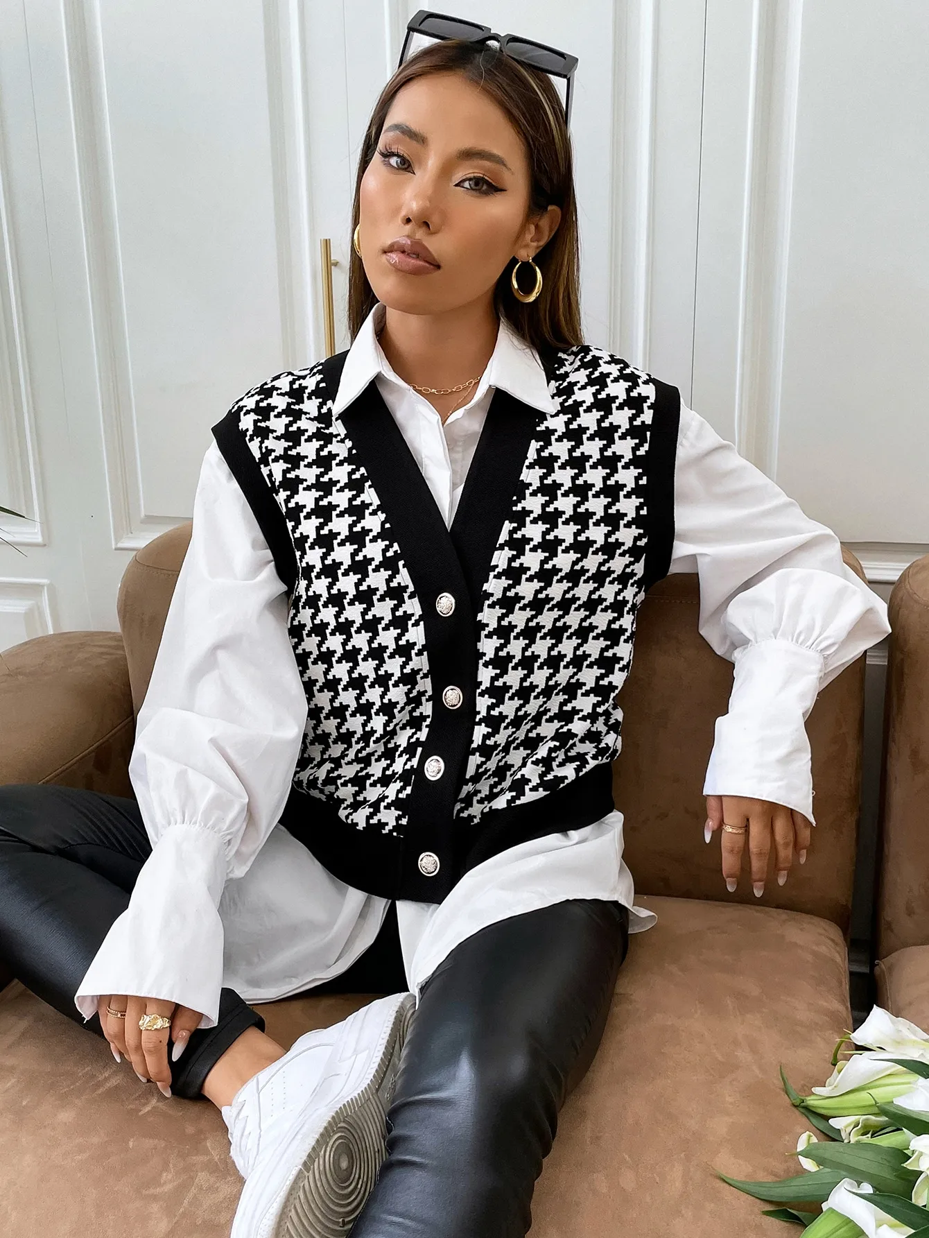 سترة نسائية بطبعة هاوندزتوث مع أزرار ذهبية، نمط ربيع الخريف، بدون بلوزة متضمنة