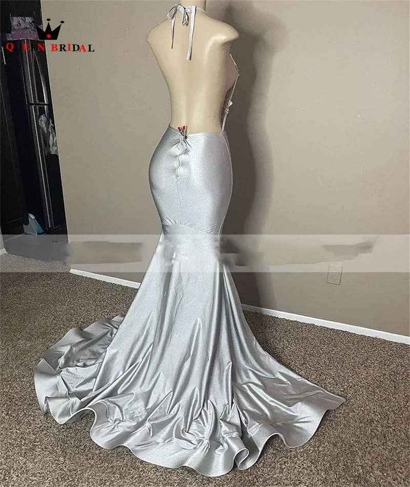 Mermaid Prom Dresses 2023 Sexy Halter Deep V Neck Side High Slit Prom Gowns Appliques Beaded Backless robe de bal Customize DT09