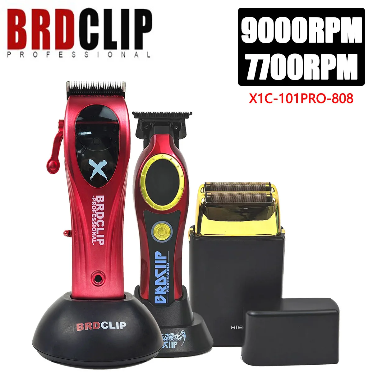 BRDCLIP 3PC Red X1C 101 Black 808 Barber Shop Men's Professional Barber Electric Cordless Gradient Hair Trimmer with Stand