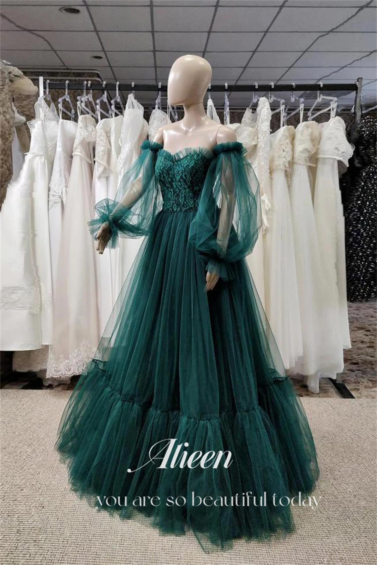 Aileen Puff Sleeves Off the Shoulders Green A-line Gala Dresses Woman 2024 for Party Evening Elegant Prom Wedding Dress Saudi