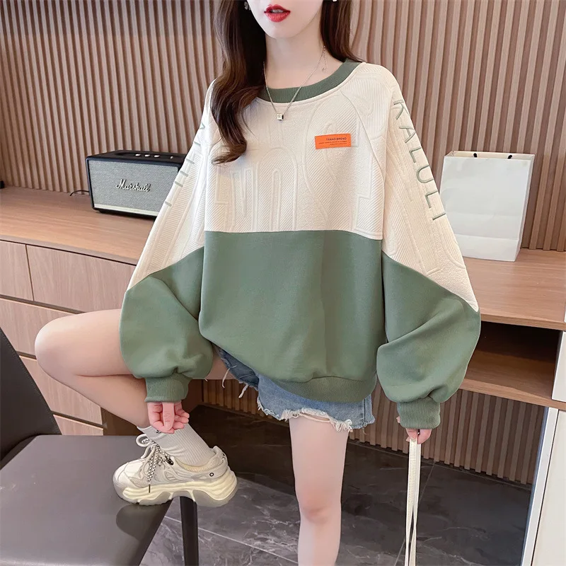 

American Retro Color-Blocked Sweatshirt Women, A Round Neck, Thickened Autumn And Winter, Mid-Length, Suitable For Petite